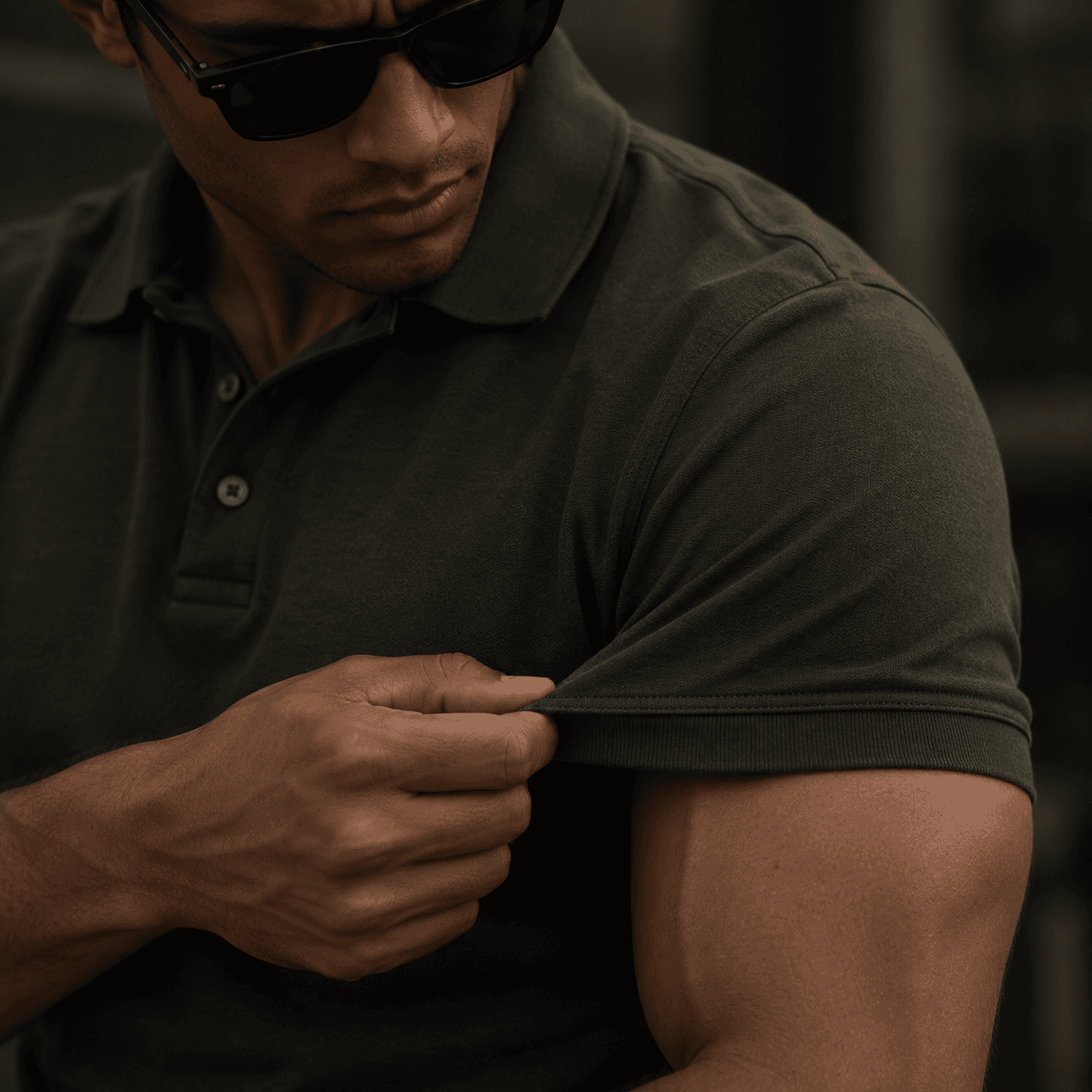 Close-up of the Brume Capri polo sleeve and stretch-knit fabric