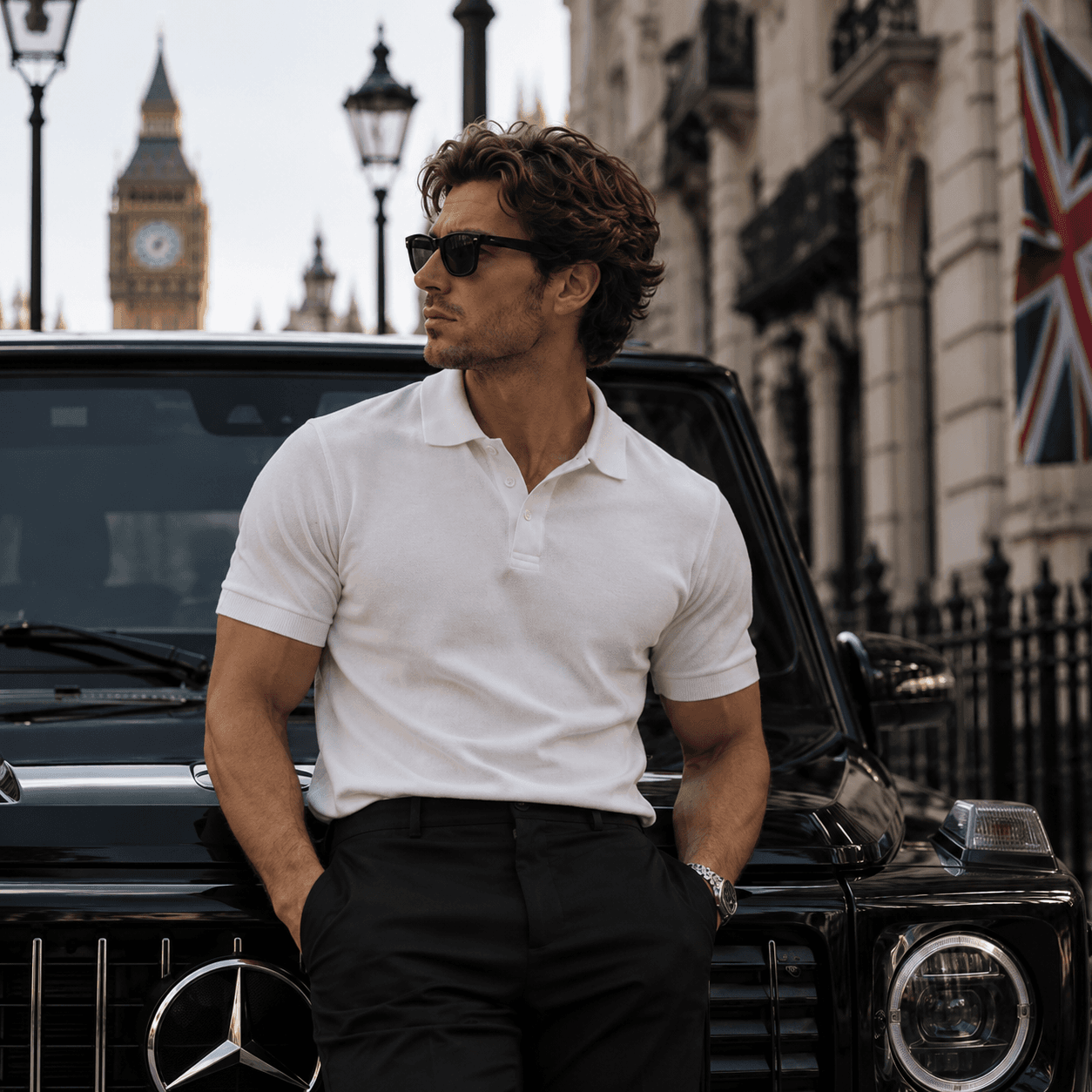 Man wearing a white Brume Capri polo in London